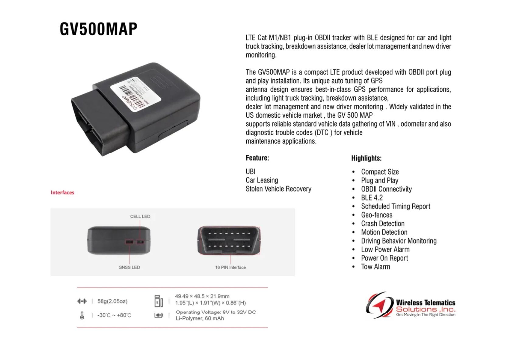 GV500MAP GPS tracking device with features and connections.