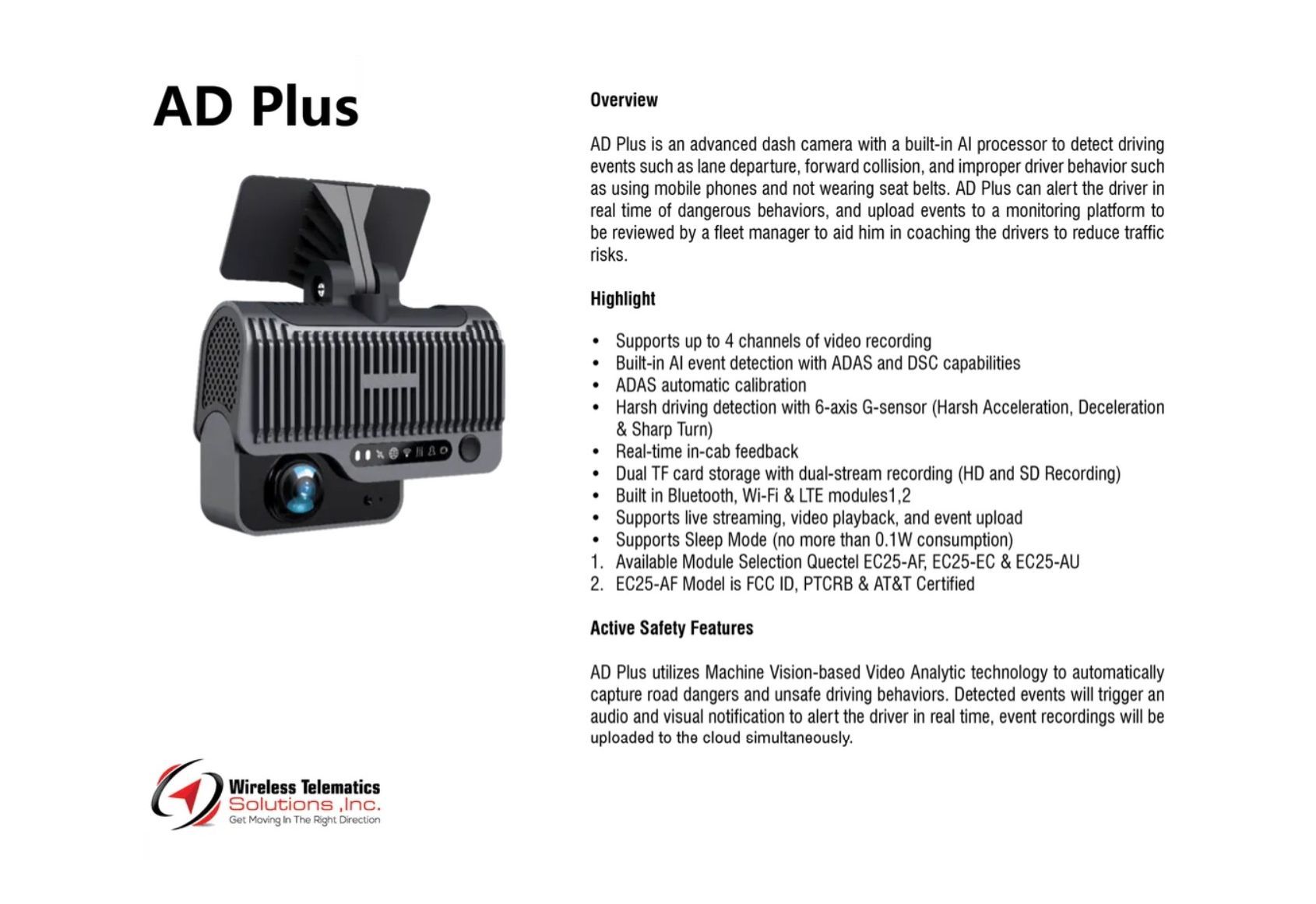 AD Plus product, a black camera device, with text describing its features.