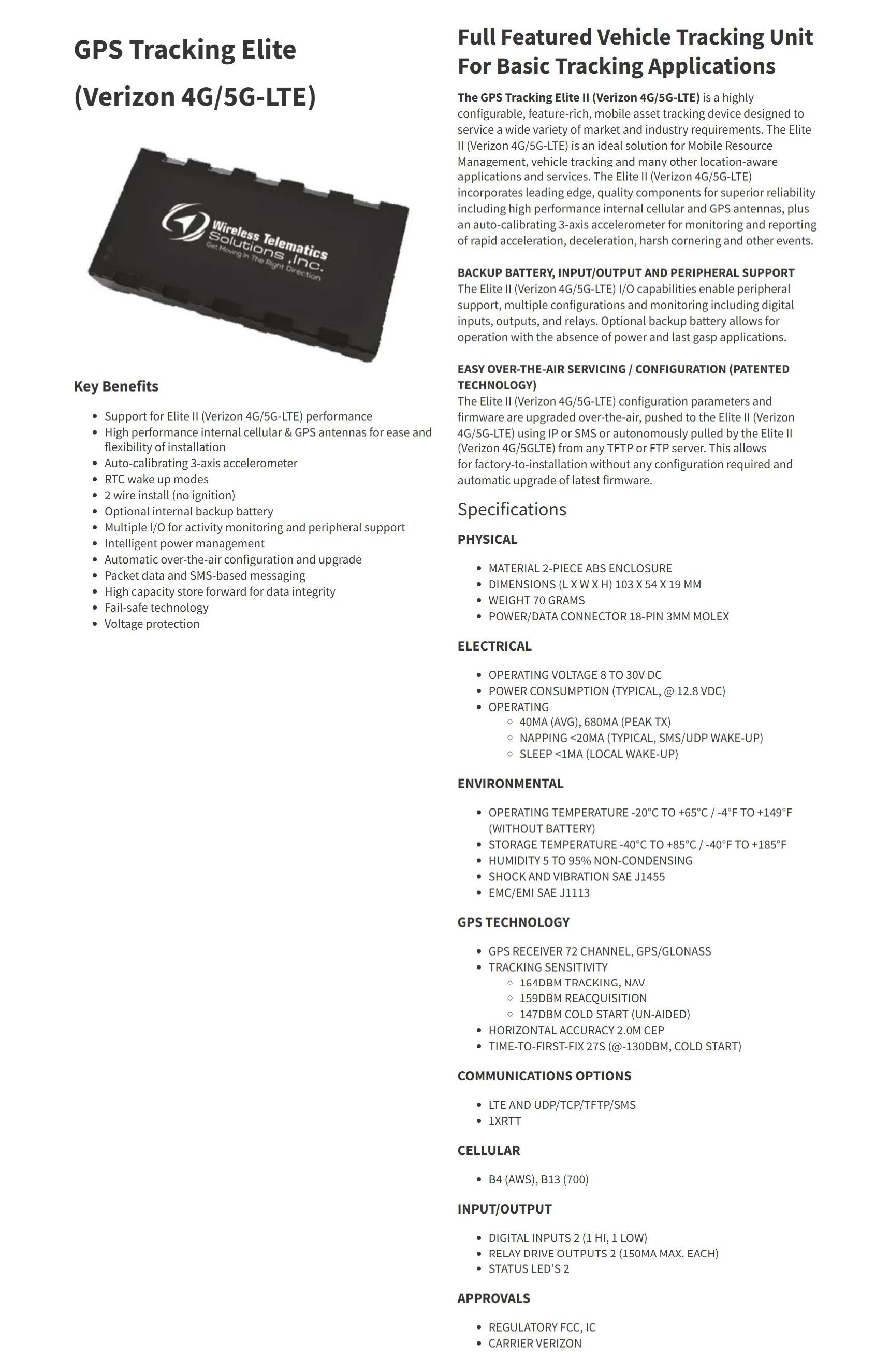 GPS tracking device, description and specifications for vehicle tracking applications.