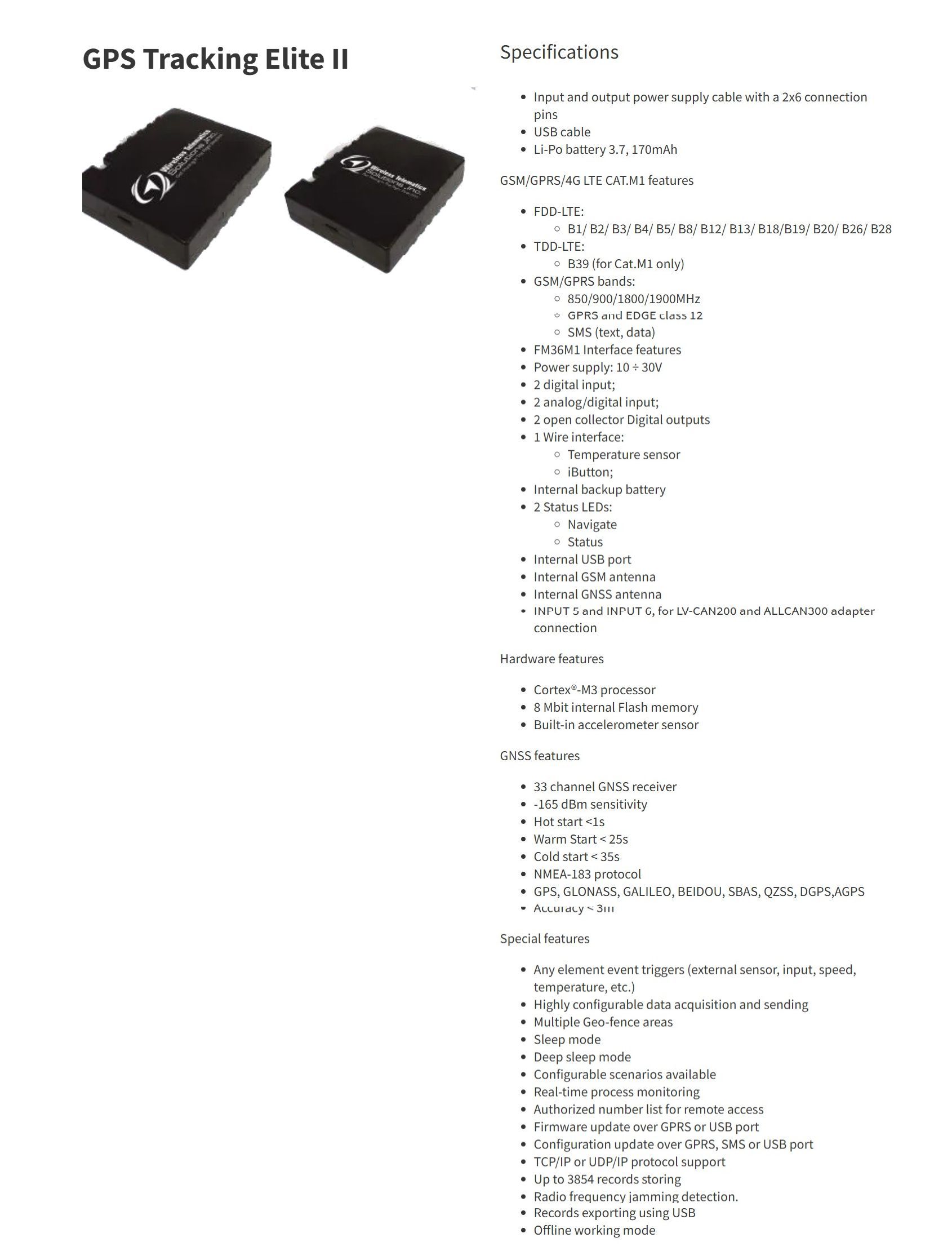 GPS Tracking Elite II product: two black tracking devices and a specifications list.