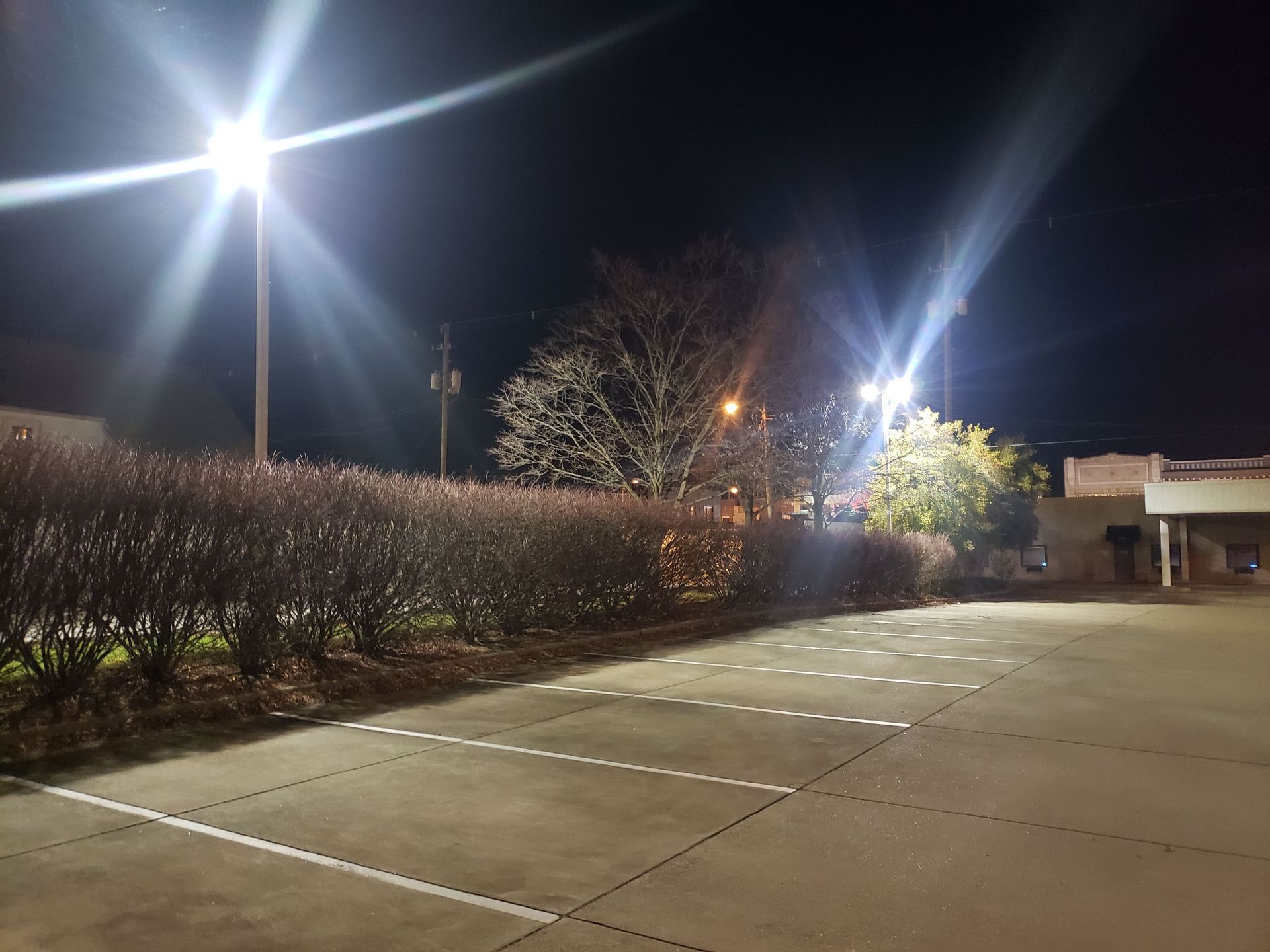 Night scene of a mostly empty parking lot, lit by bright streetlights. A hedge and bare trees are visible.