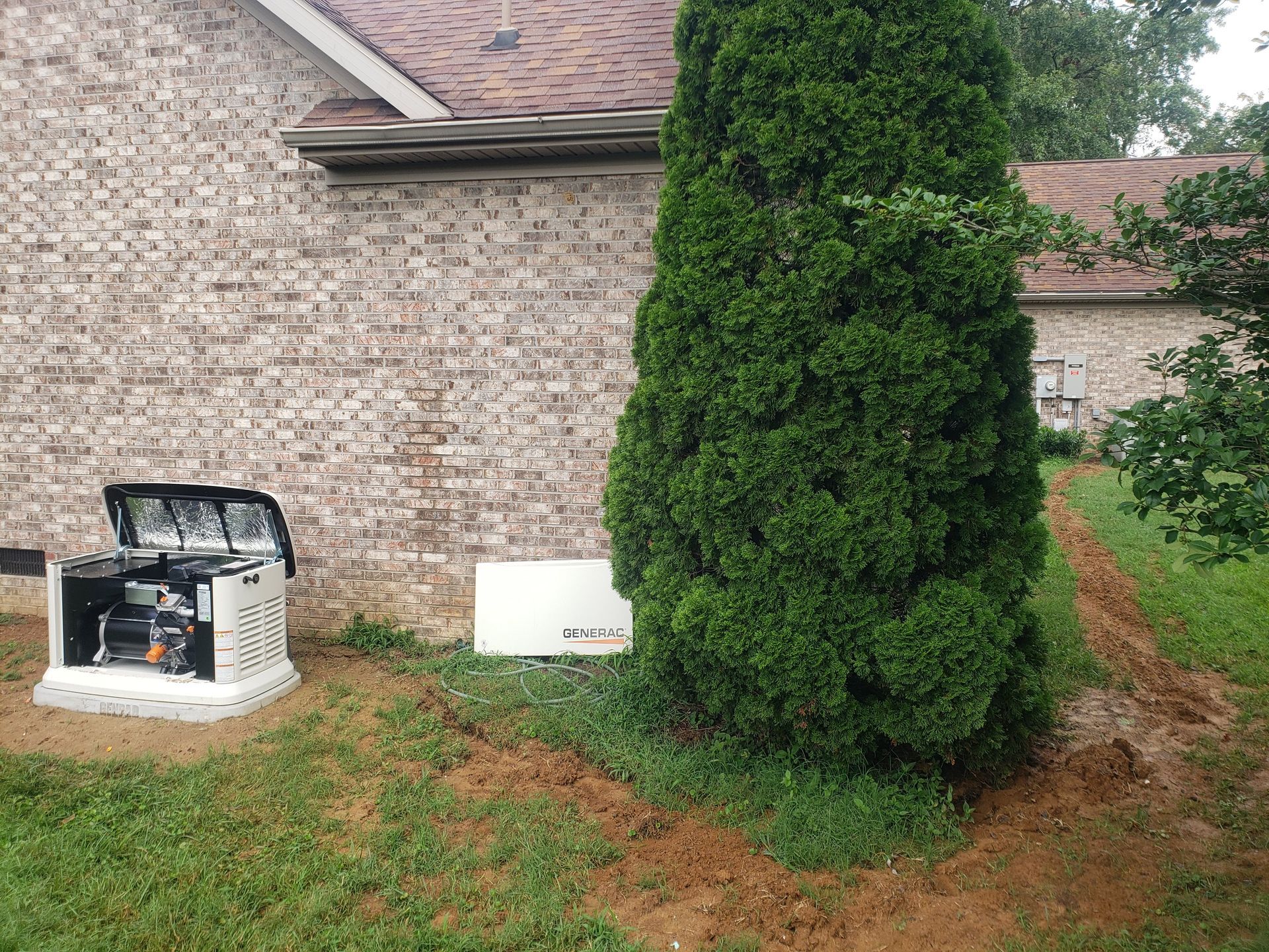 Generator next to a brick house. A tall green bush sits between the generator and the house's wall.