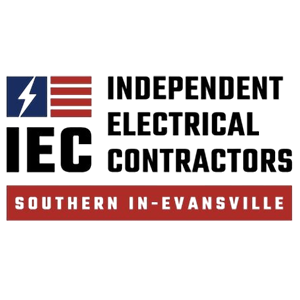 Logo of IEC Southern IN-Evansville: Blue and red emblem with lightning bolt, text INDEPENDENT ELECTRICAL CONTRACTORS.
