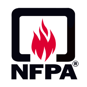 NFPA logo: red flames inside black square, black text NFPA.