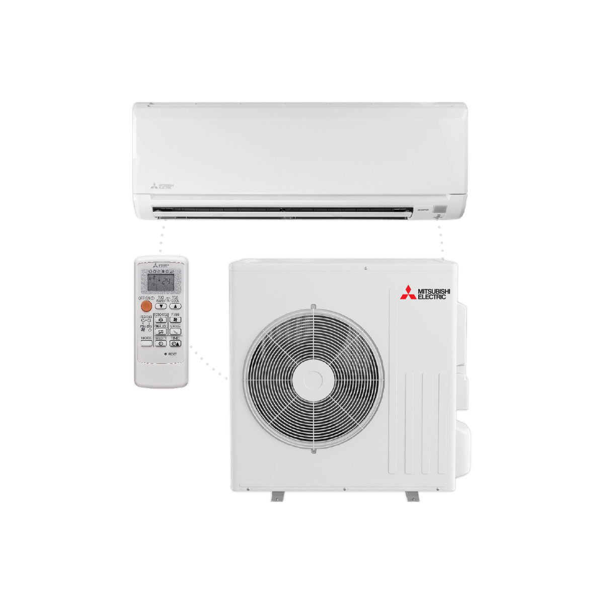 A mitsubishi air conditioner with a remote control and a fan