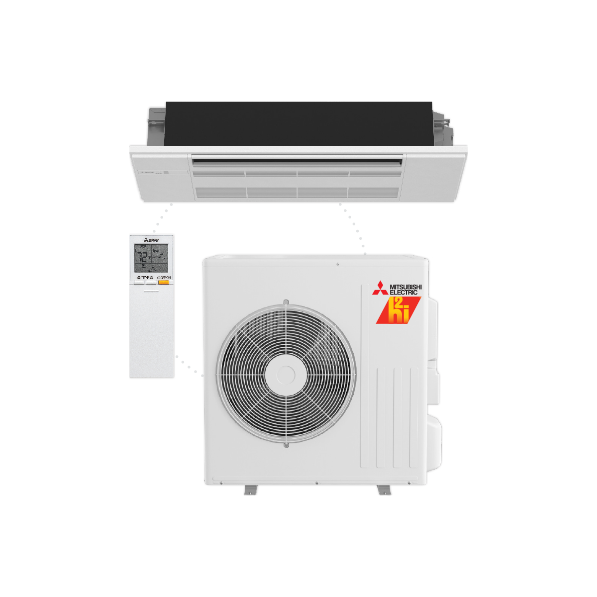A mitsubishi air conditioner with a remote control and a fan