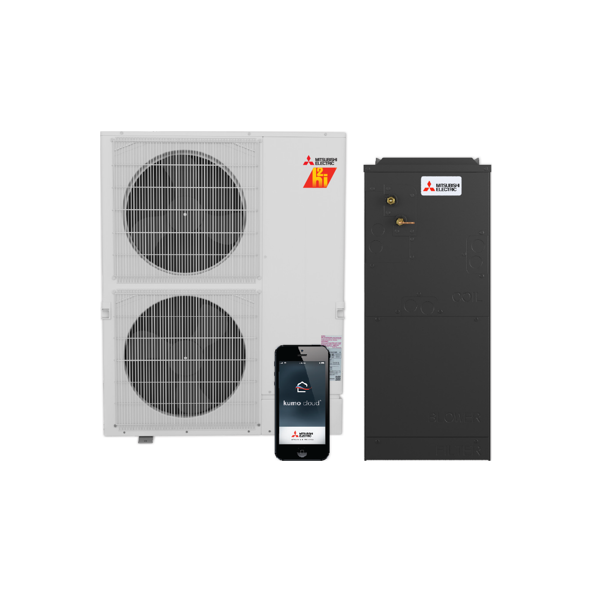 A mitsubishi air conditioner with a cell phone next to it