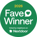 2026 Nextdoor Fave Winner badge on green circle, white text with heart icon