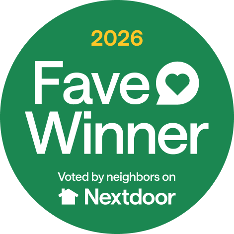 2026 Nextdoor Fave Winner badge on green circle, white text with heart icon