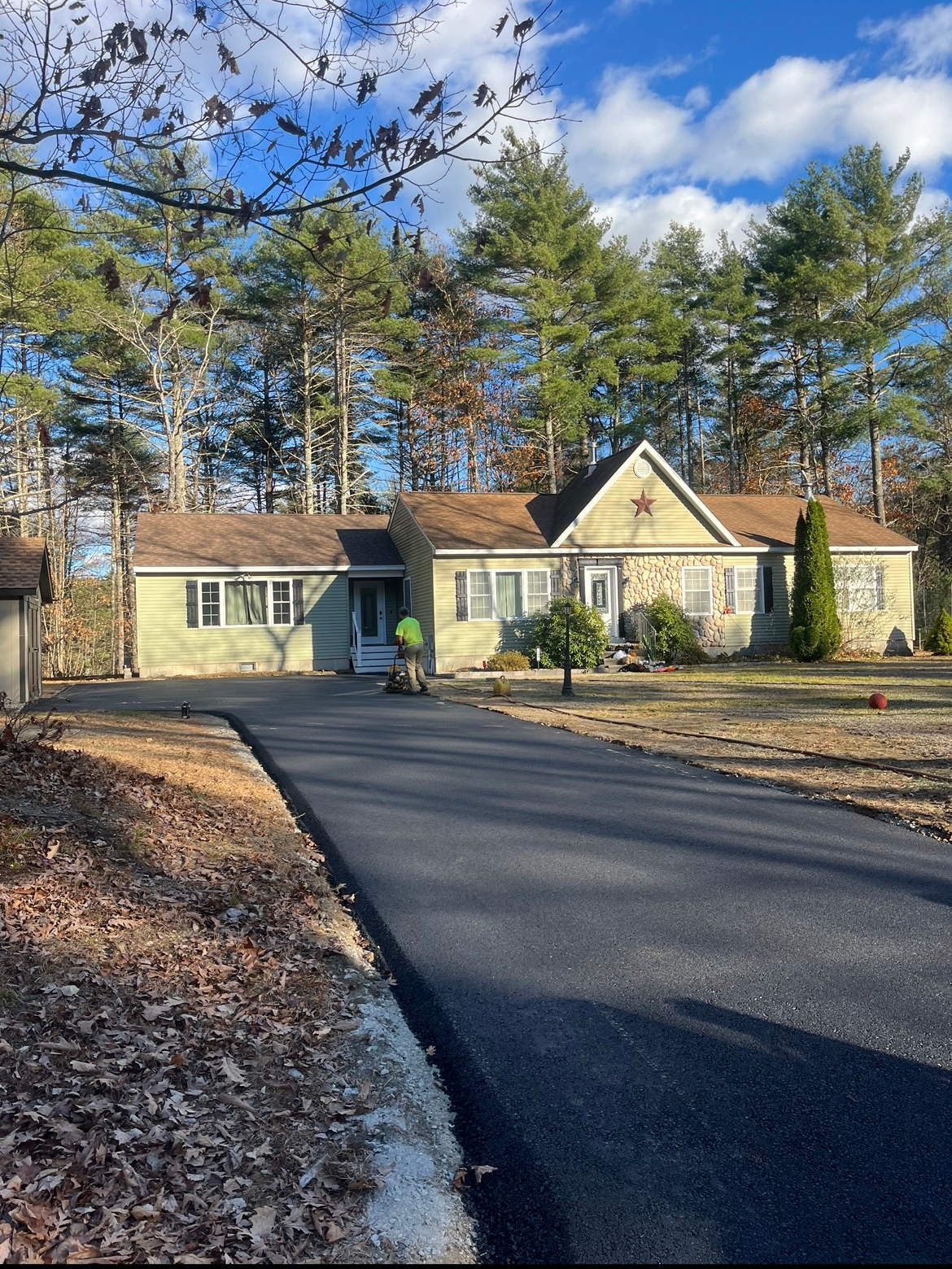 A house with a driveway leading to it is surrounded by trees.