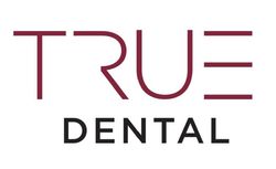 The logo for true dental is a red and black logo on a white background.