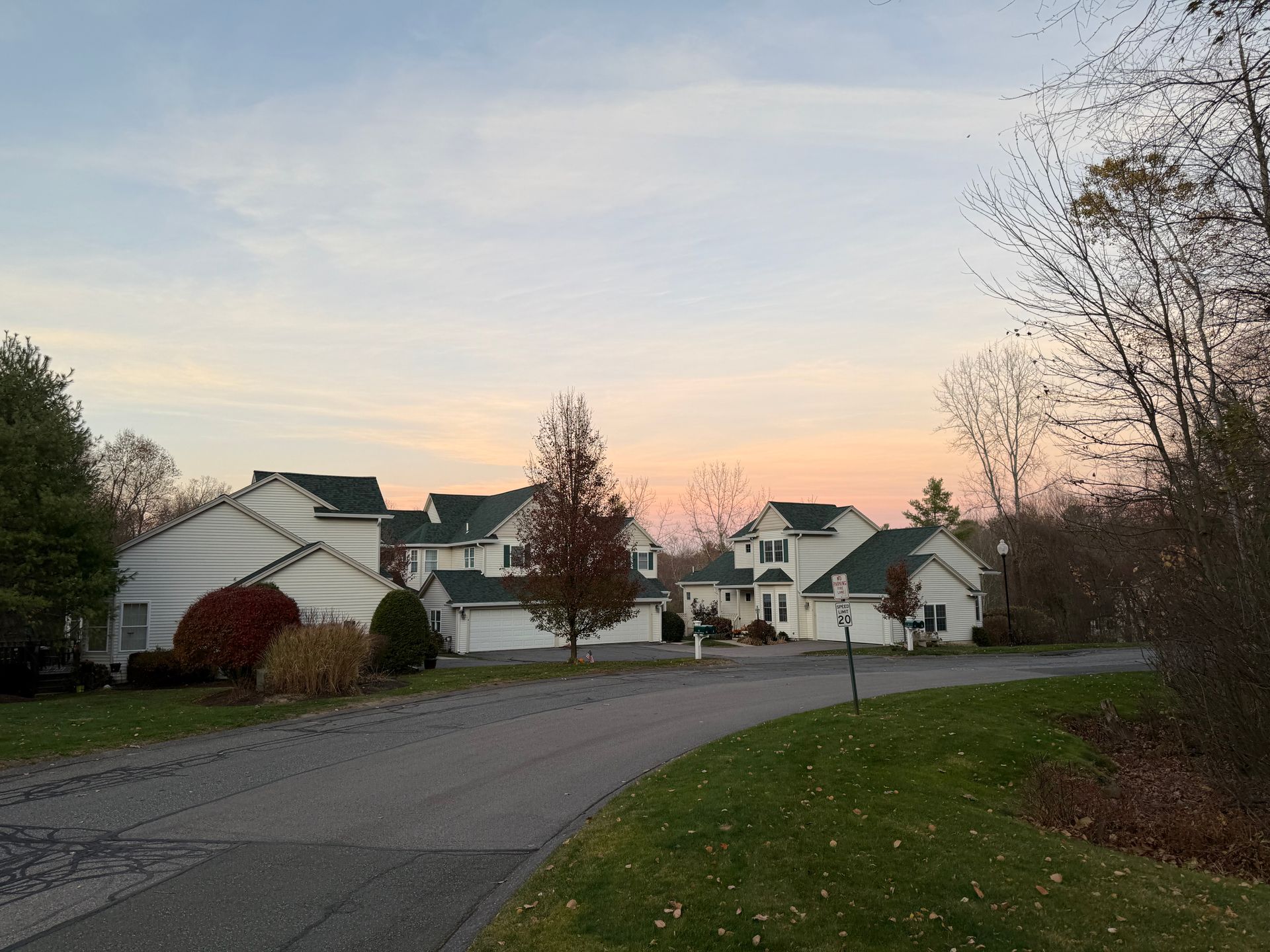 Suburban street at sunset with houses, trees, and a curved road under a pastel sky