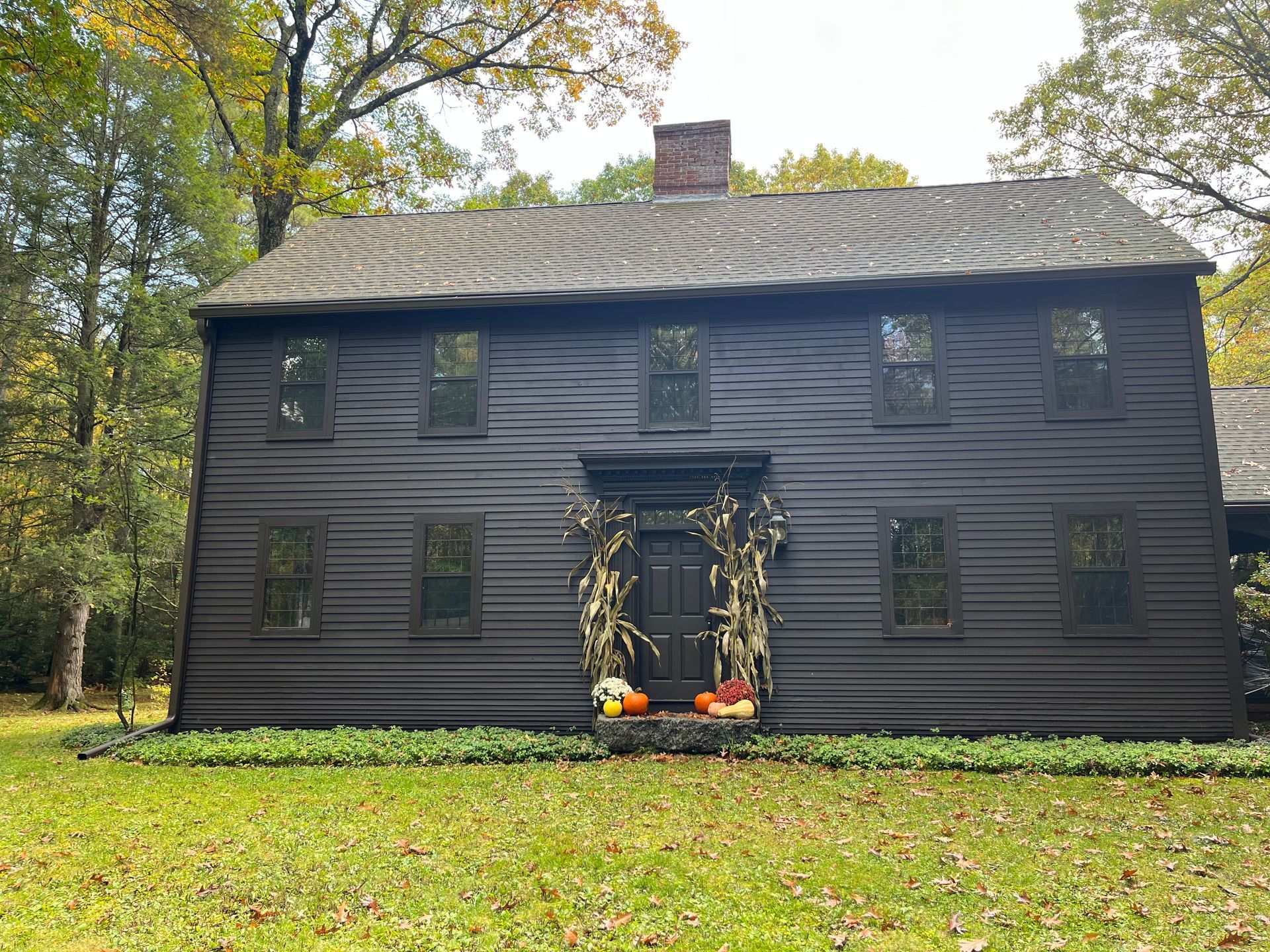 Dark gray two-story house with a wavy roof and autumn trees in the yard