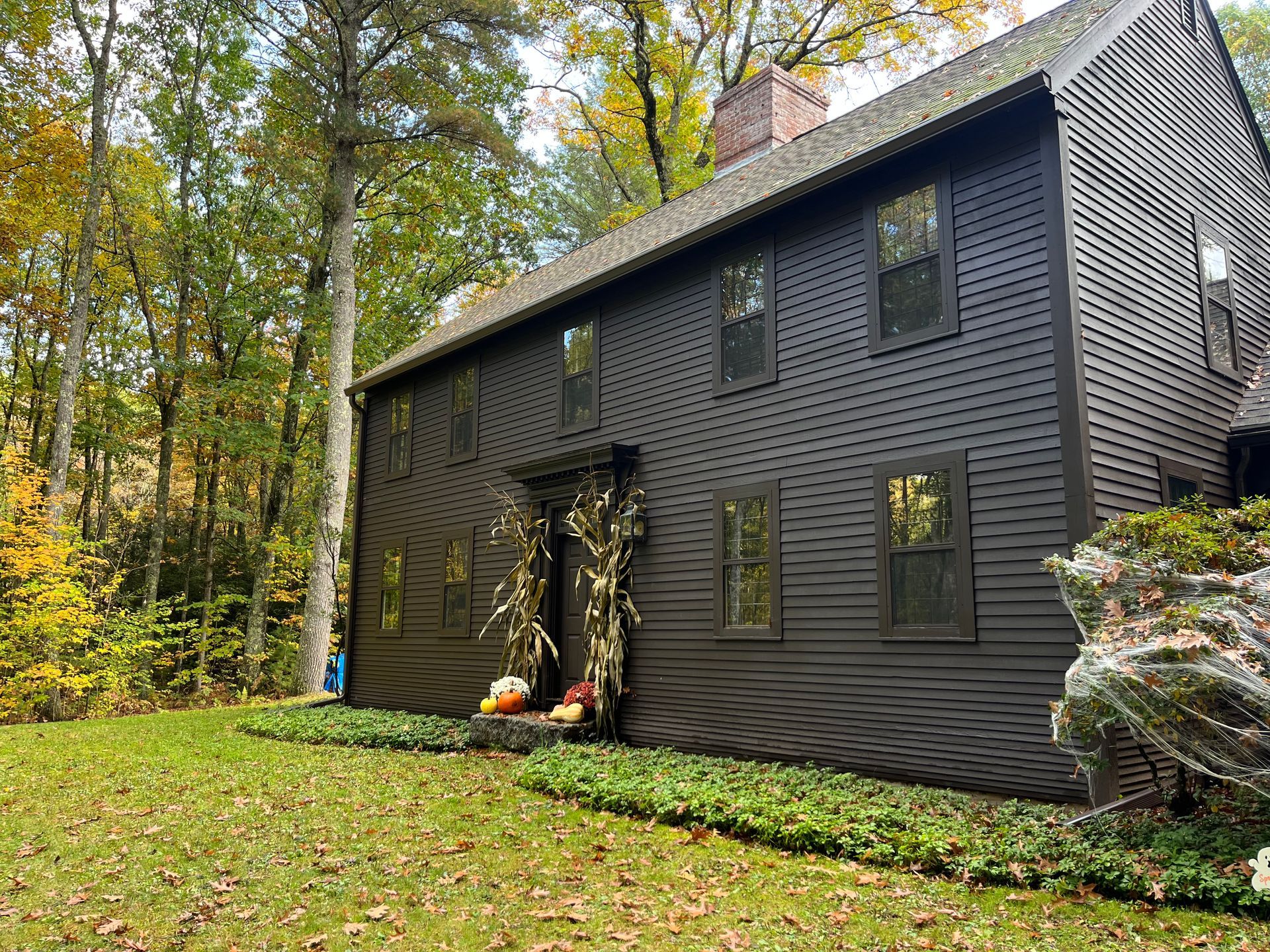 Dark gray two-story house with a small porch, surrounded by trees and a grassy yard in autumn.