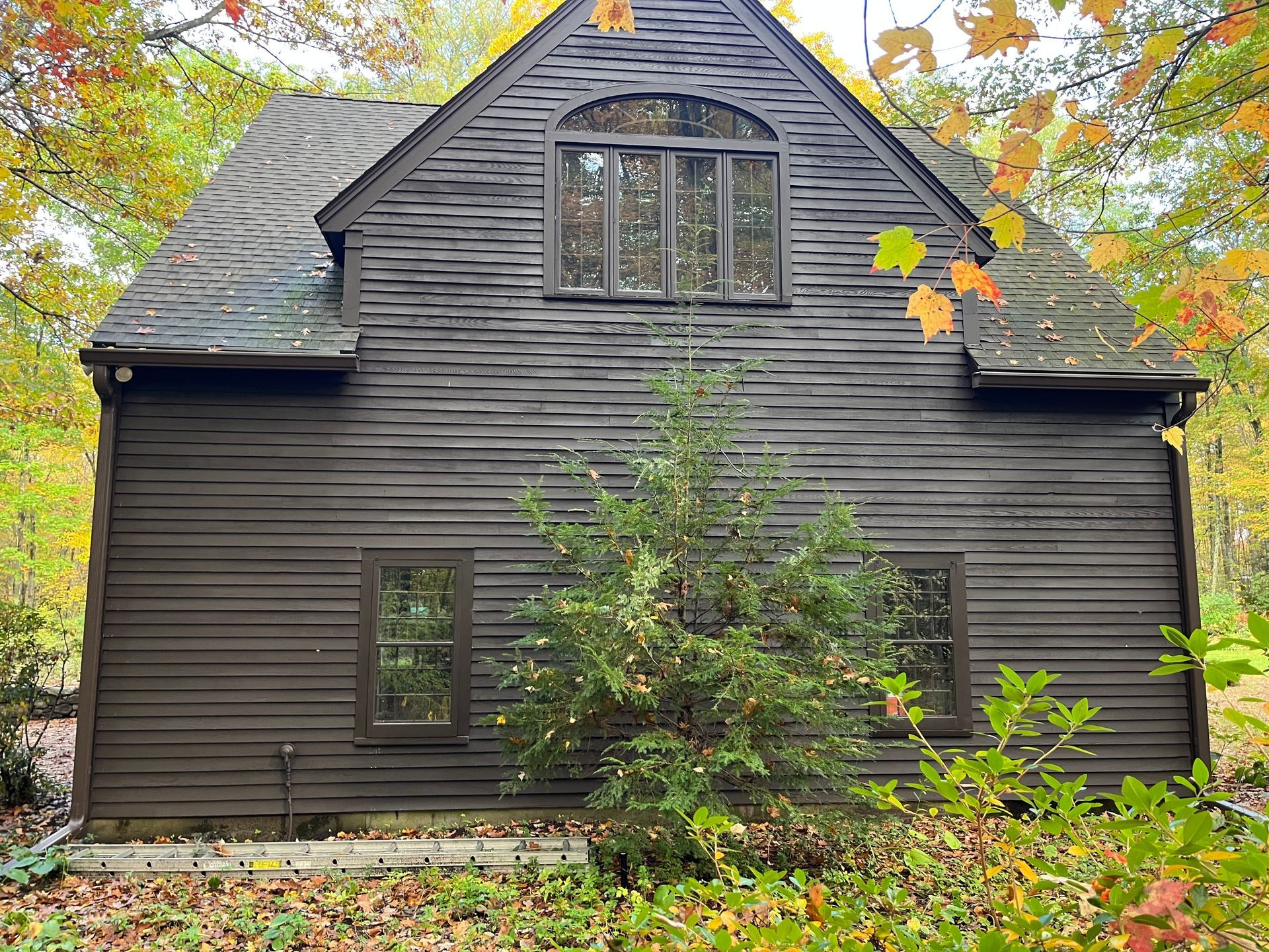 Dark wooden house with steep roof, arched window, and autumn trees in front