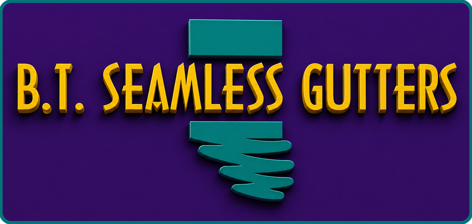 B.T. Seamless Gutters logo with yellow text on a purple background and teal gutter graphic