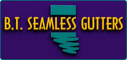 B.T. Seamless Gutters logo with yellow text on a purple background and teal gutter graphic
