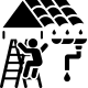 Person installing roof shingles from a ladder, with paint bucket and tools nearby