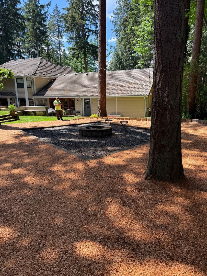 Forest cabin with a stone fire pit and two people standing near a yellow building under tall pine trees