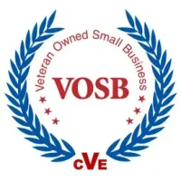 Veteran Owned Small Business CVE logo with blue laurel wreath and red text.