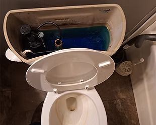 A toilet with the lid open and a blue liquid in the tank.