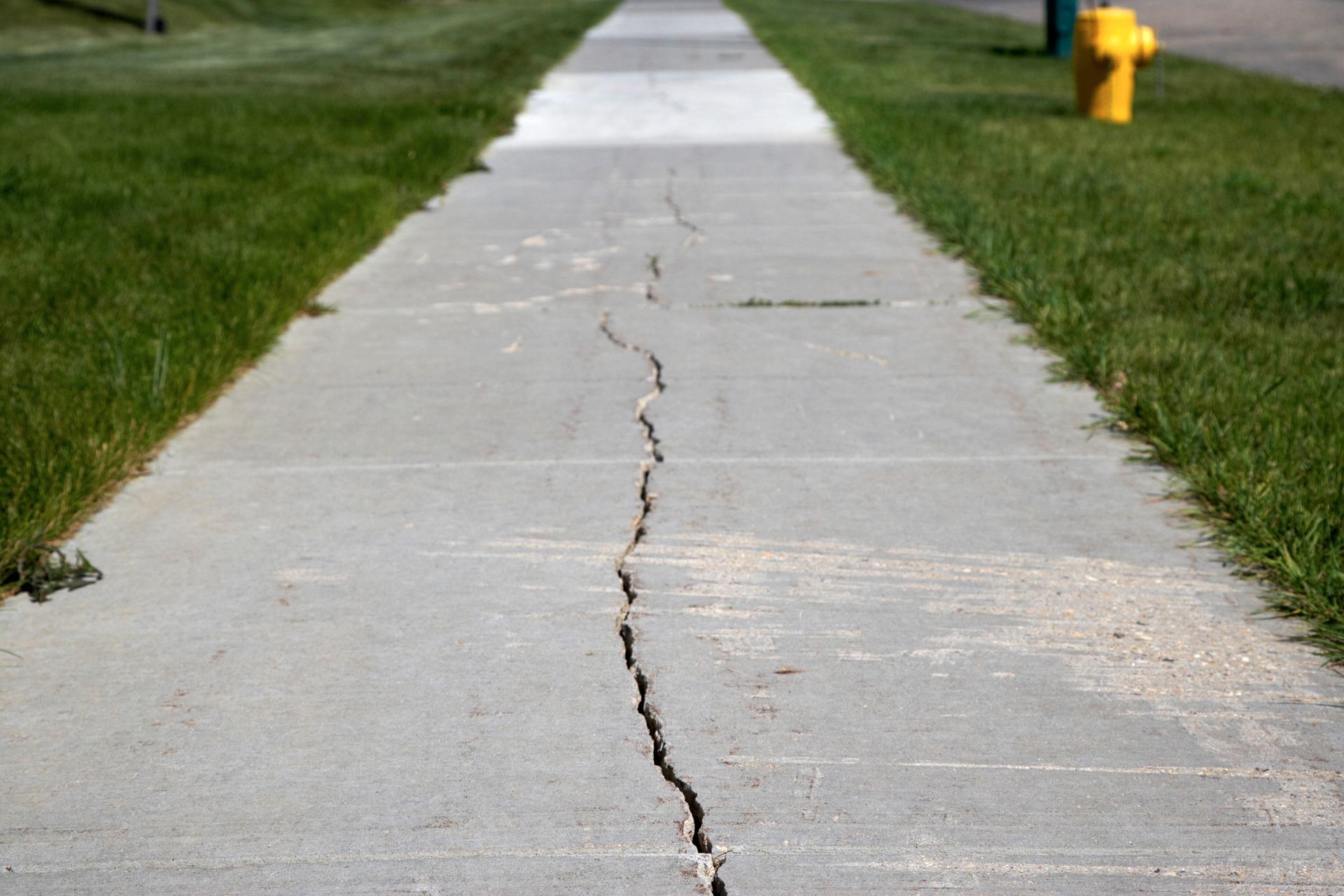 Cracked concrete sidewalk with a deep crack running down the center, flanked by green grass.