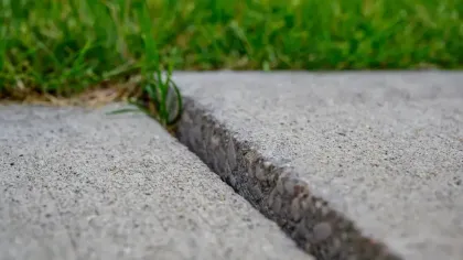 Close-up of a concrete sidewalk crack with grass growing between the slabs. Green grass in the background.