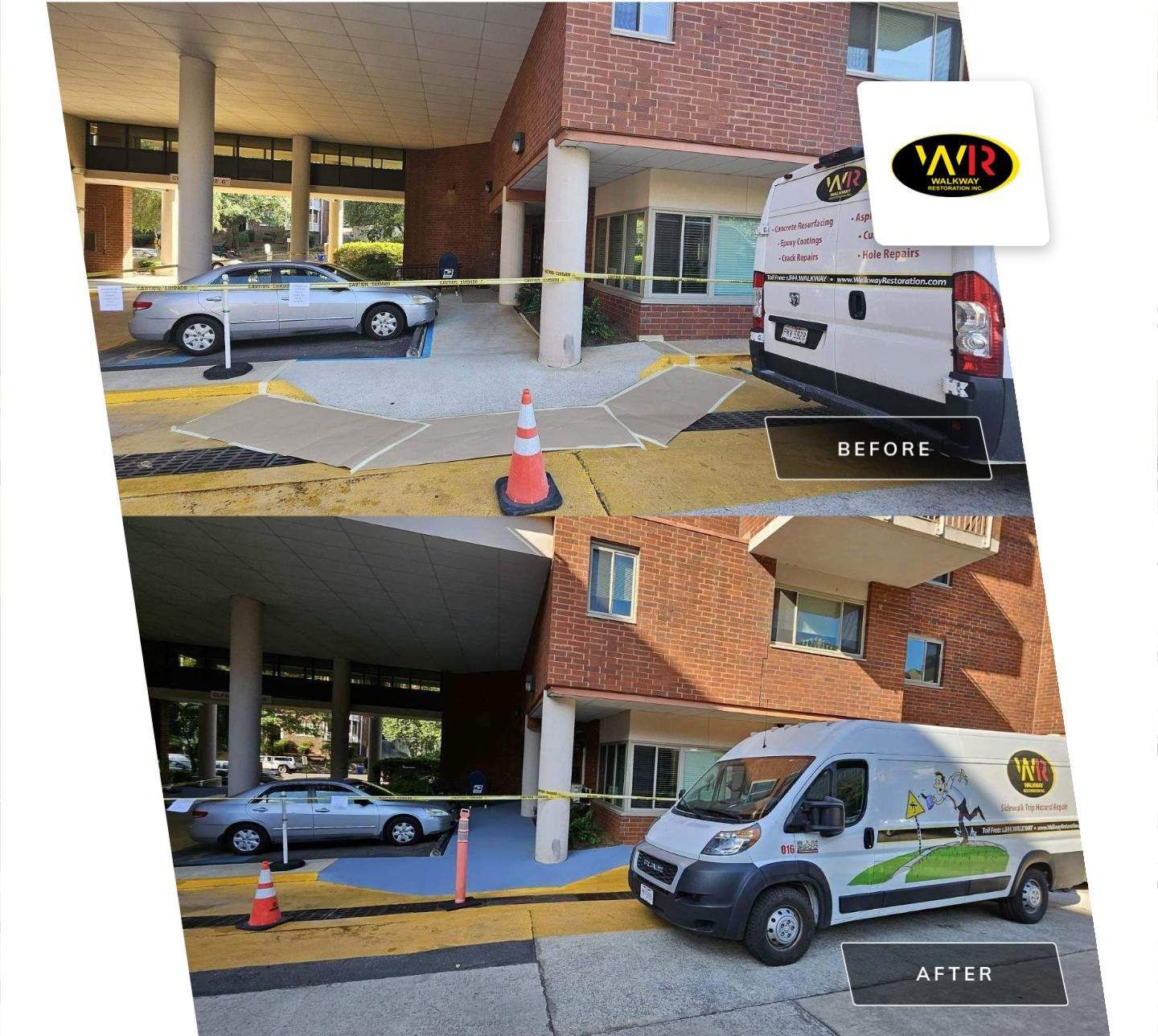 Before and after photos showing asphalt repair on a building's entranceway with a car, van, and construction tape.