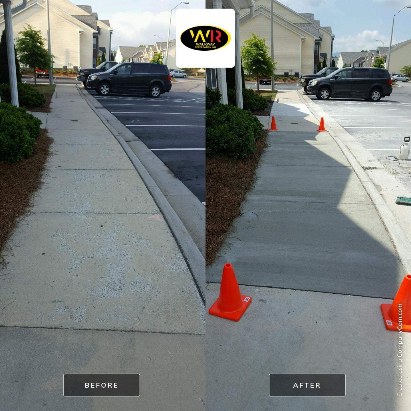 Side-by-side comparison of a concrete sidewalk before and after cleaning. The 