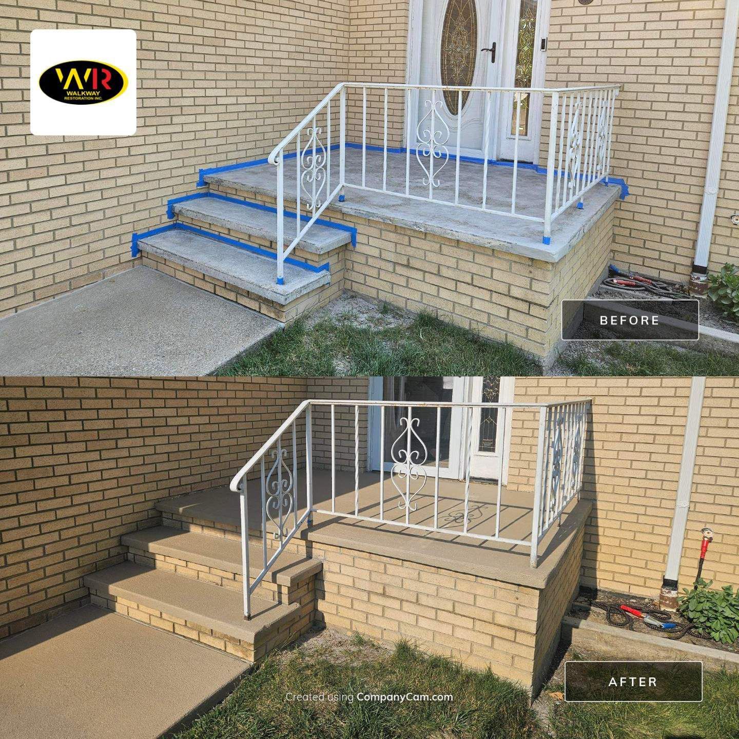 Before and after of a porch renovation; white railing and steps against brick, with grass in front.