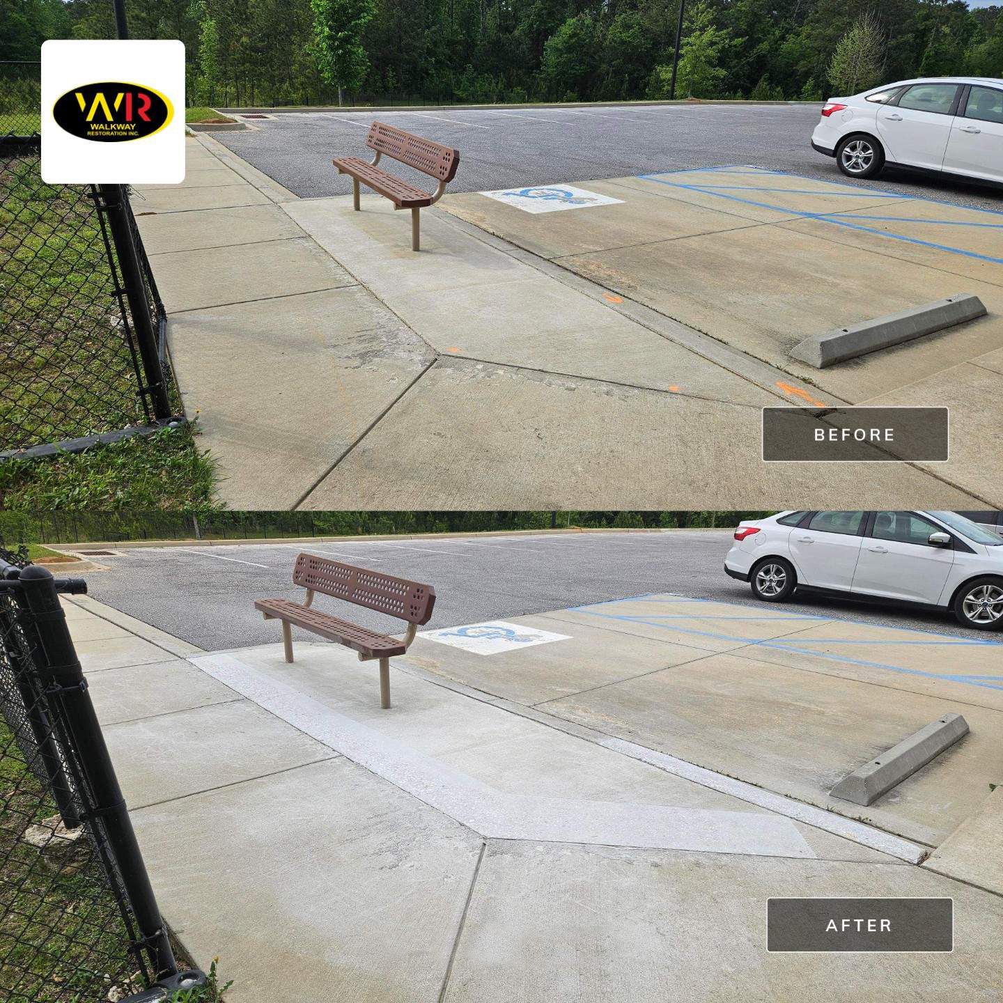 Comparison of a parking lot before and after a service; including benches, a car, and accessible parking spaces.