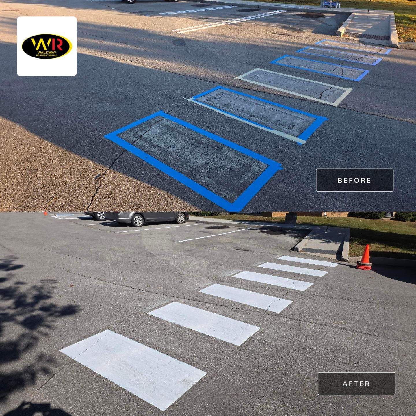 Before-and-after of a crosswalk. Top shows blue outlining and filled rectangles. Bottom shows same crosswalk with white painted rectangles.
