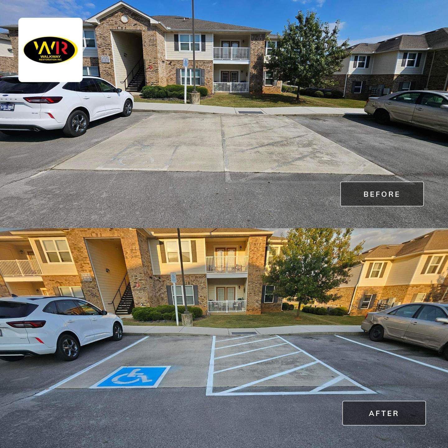 Before-and-after of a parking space. Top: bare concrete. Bottom: freshly painted handicap spot with a white crosshatch.
