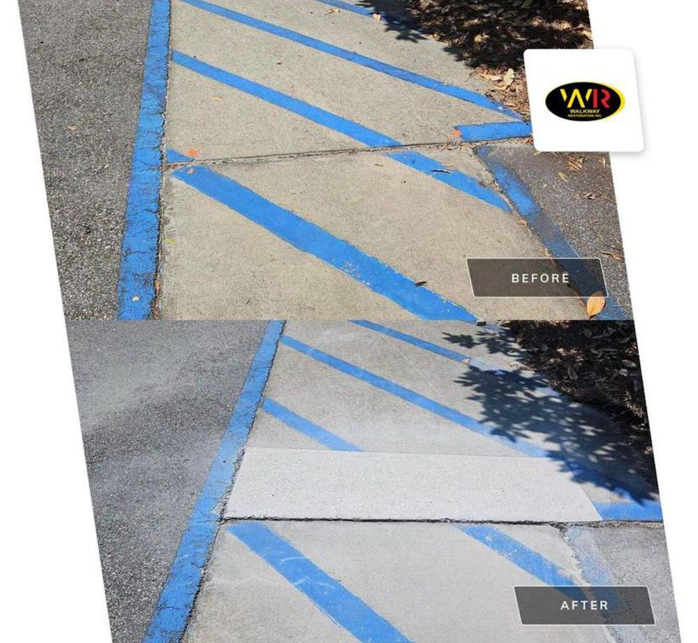 Comparison of a concrete parking space before and after cleaning; blue lines and borders are visible.