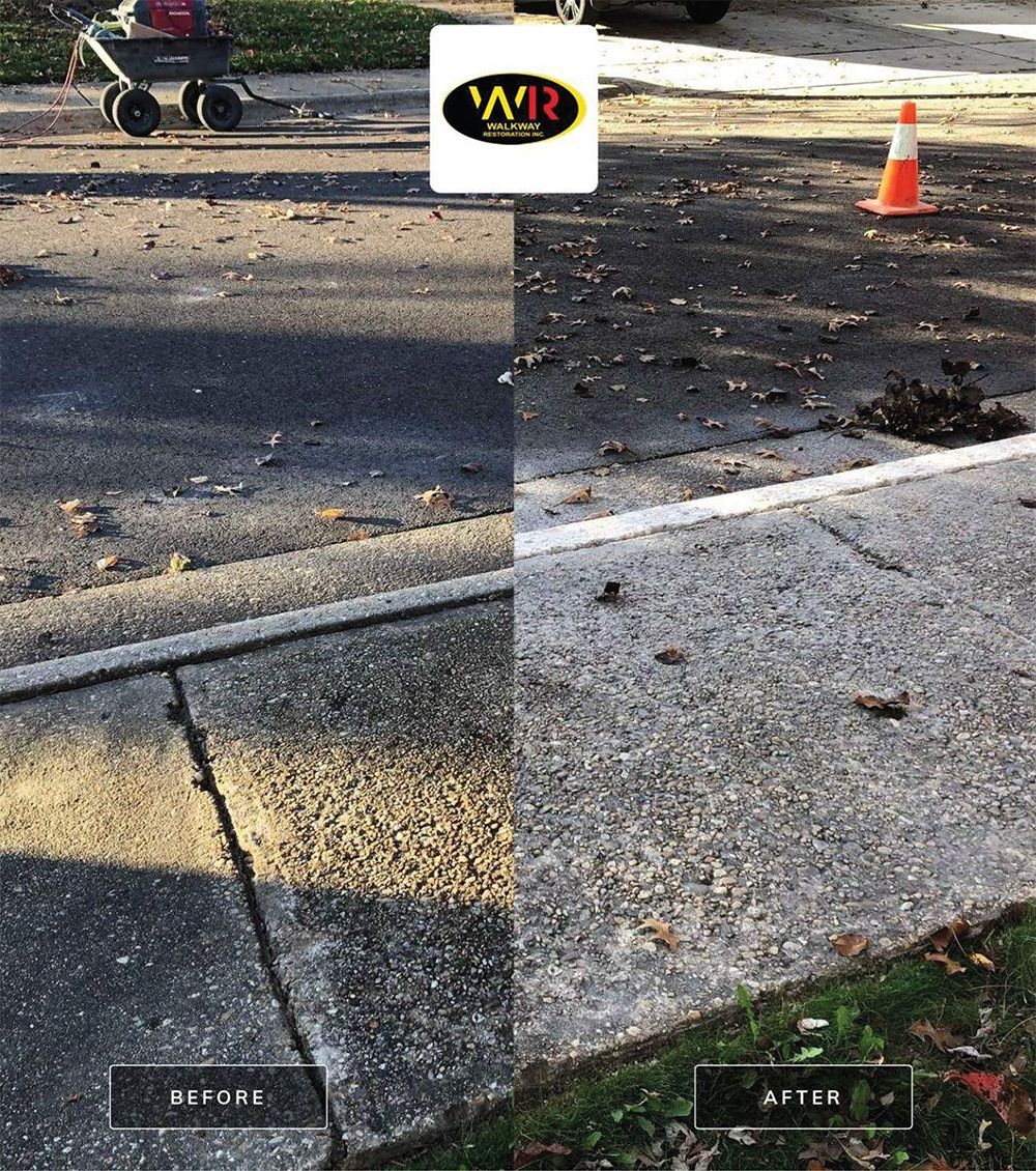 Side-by-side comparison of asphalt before and after cleaning, showing a visible difference in color and debris removal.