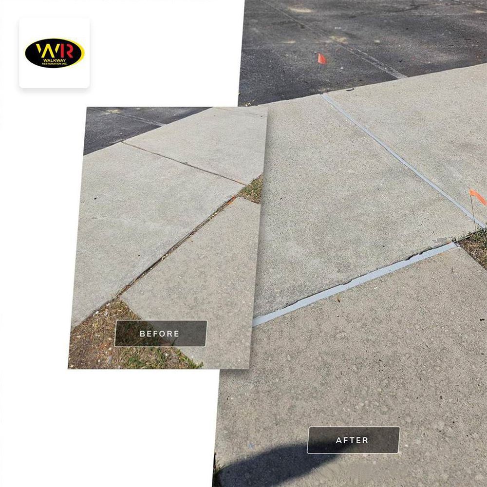 Before-and-after of concrete sidewalk repair. The damaged area is replaced with a new, smooth section.