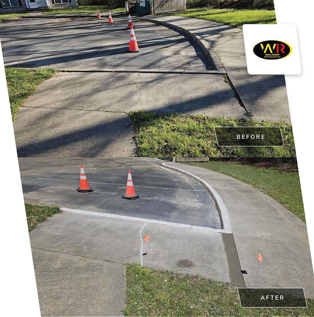 Two views of a sidewalk curve before and after repair, with orange traffic cones marking the area.