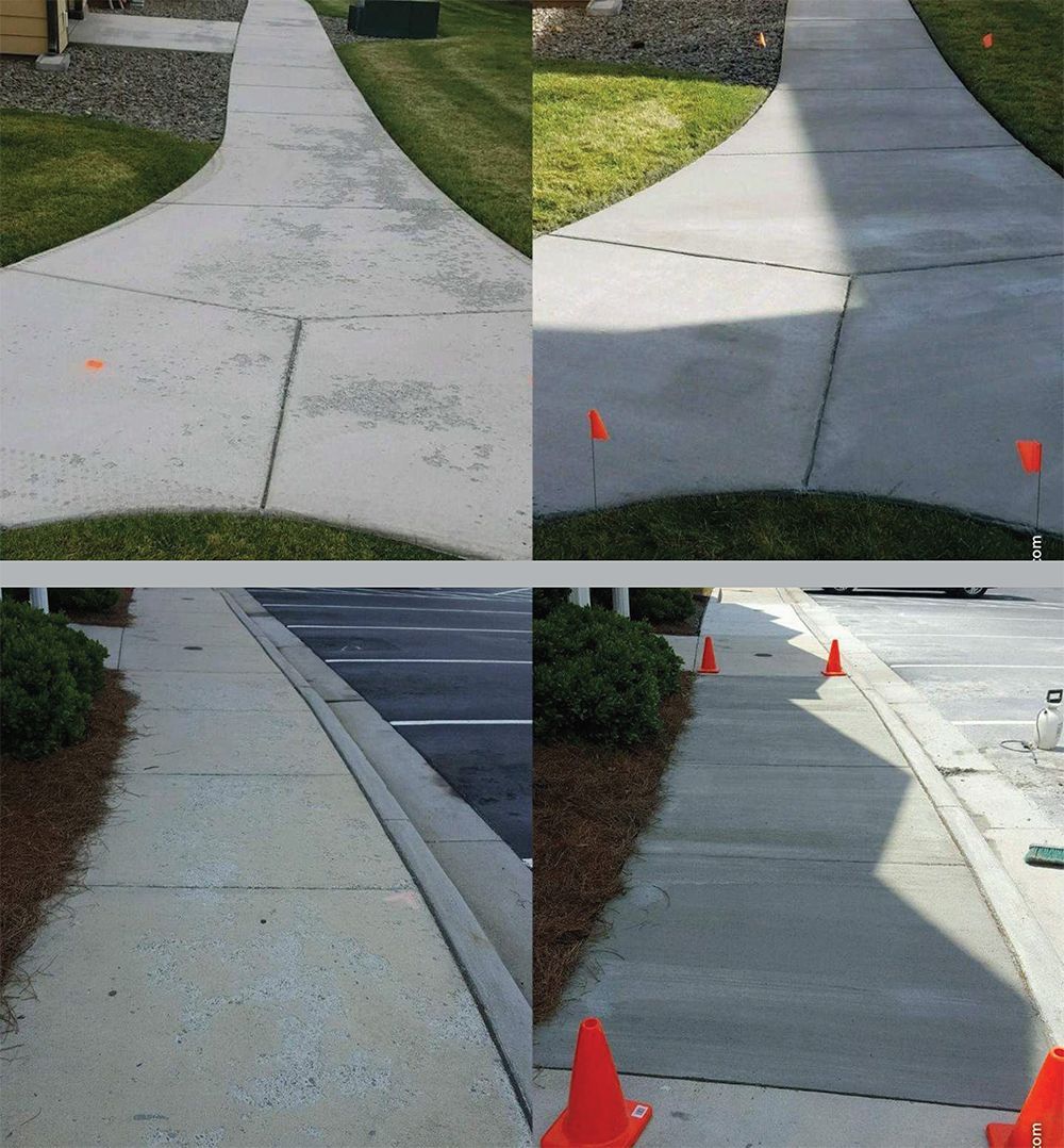 Before and after comparison of concrete walkways; one cleaned, one dirty.