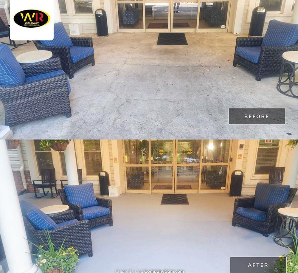 Before and after exterior porch renovation, showing gray concrete floor and outdoor furniture.