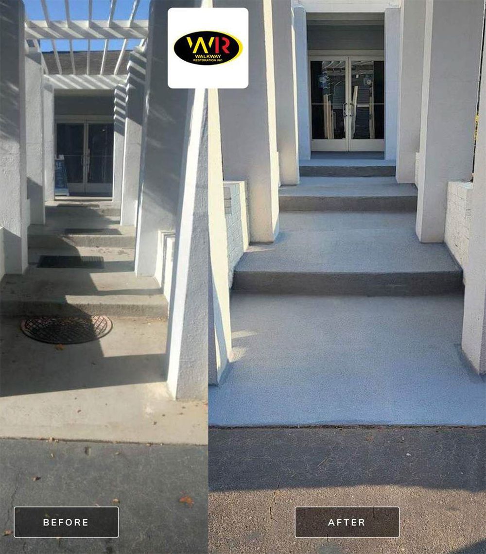 Before-and-after of concrete steps, showing a color and texture change from dark, rough to lighter, smoother.