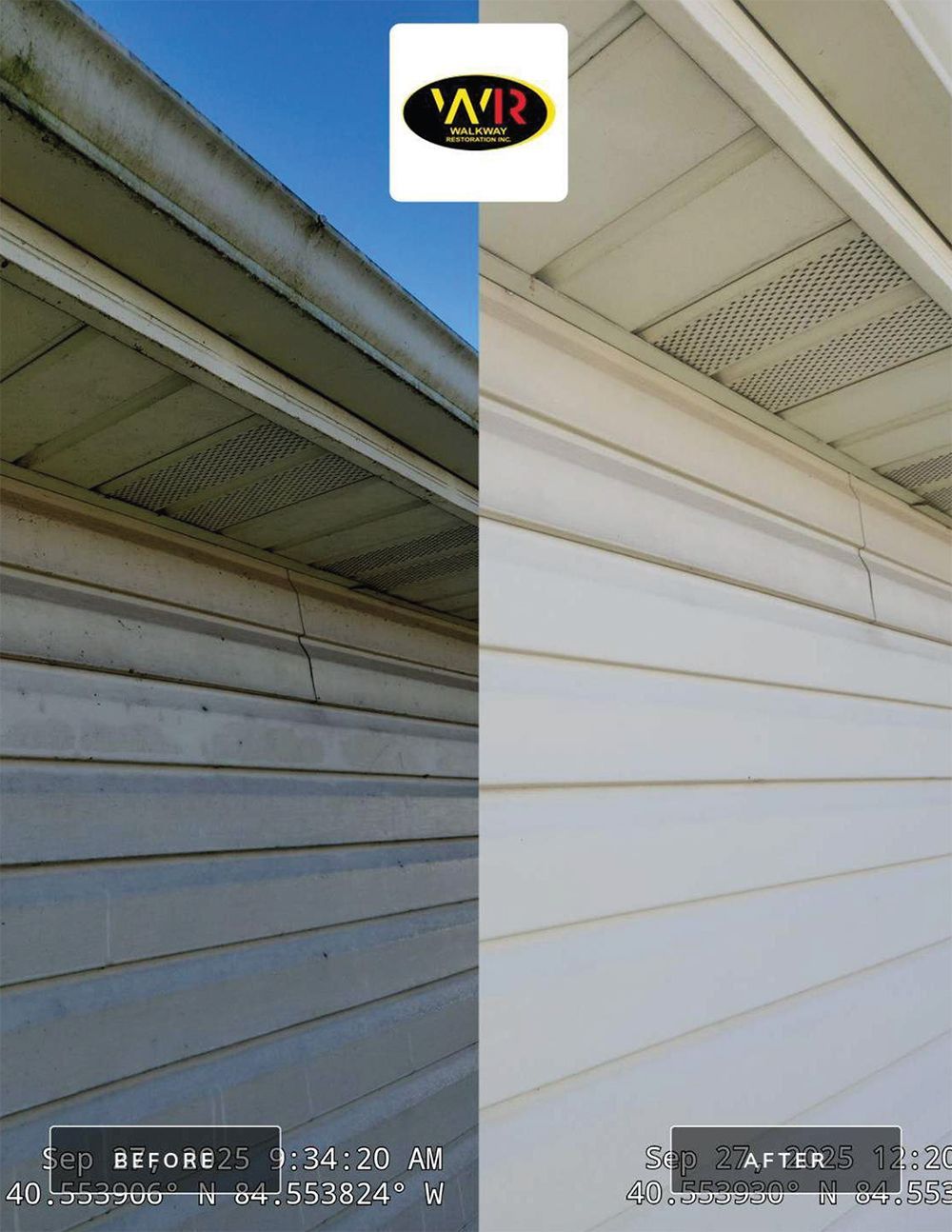 Side-by-side comparison of a house's siding before and after cleaning. The 