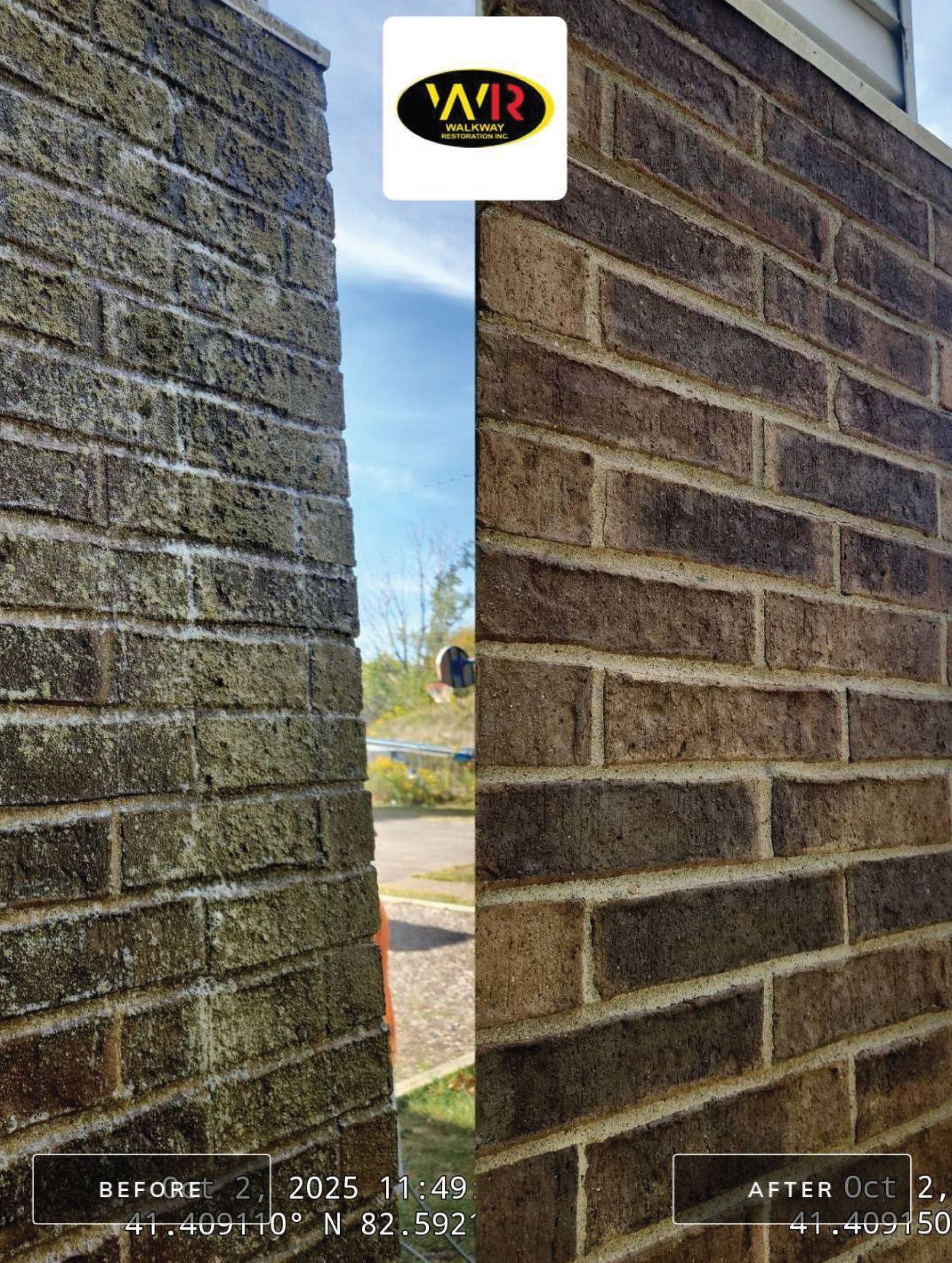 Before and after view of brick wall cleaned of moss.