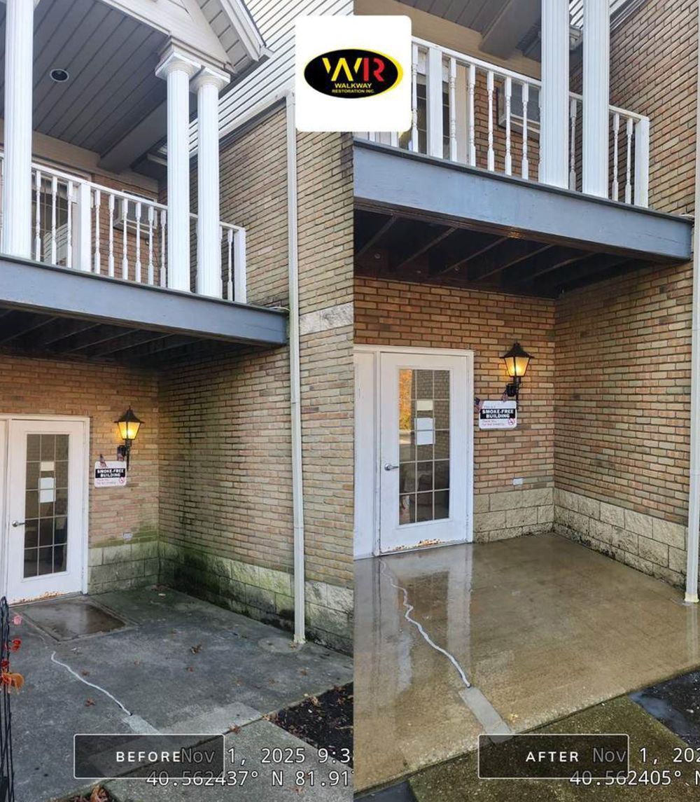 Before and after pressure washing: building entrance with brick walls, balcony, and wet concrete.