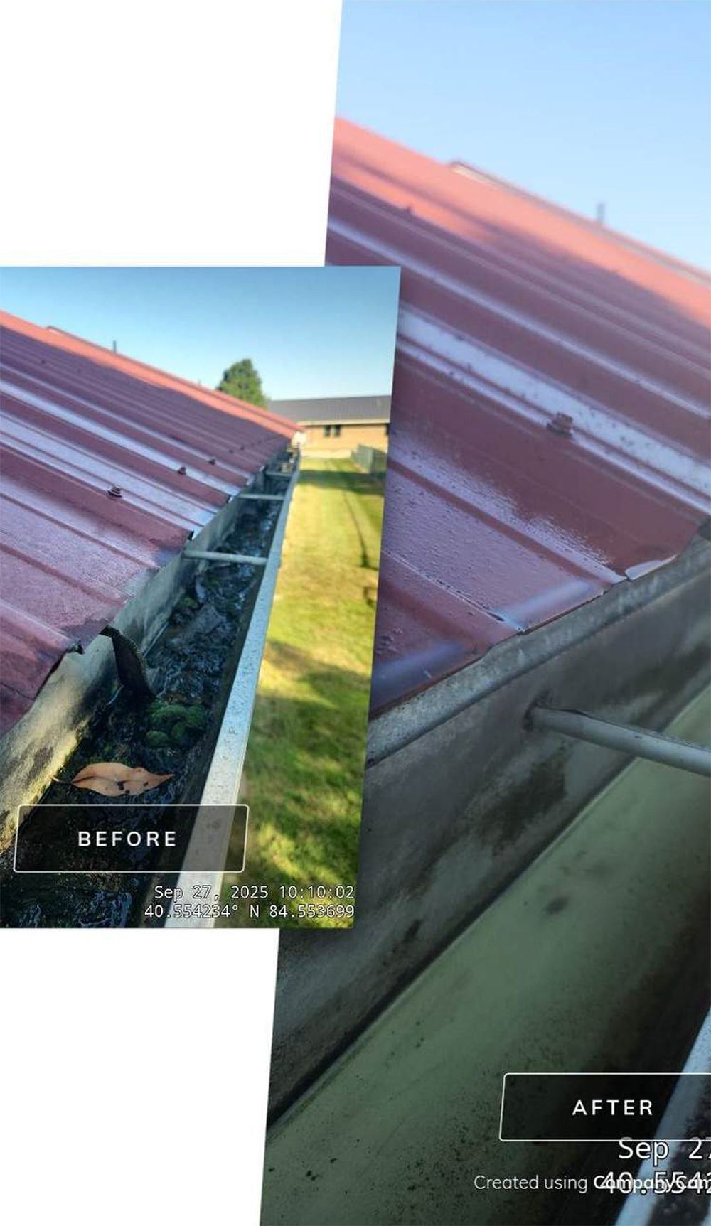 Before and after photos showing a cleaned gutter on a red metal roof.