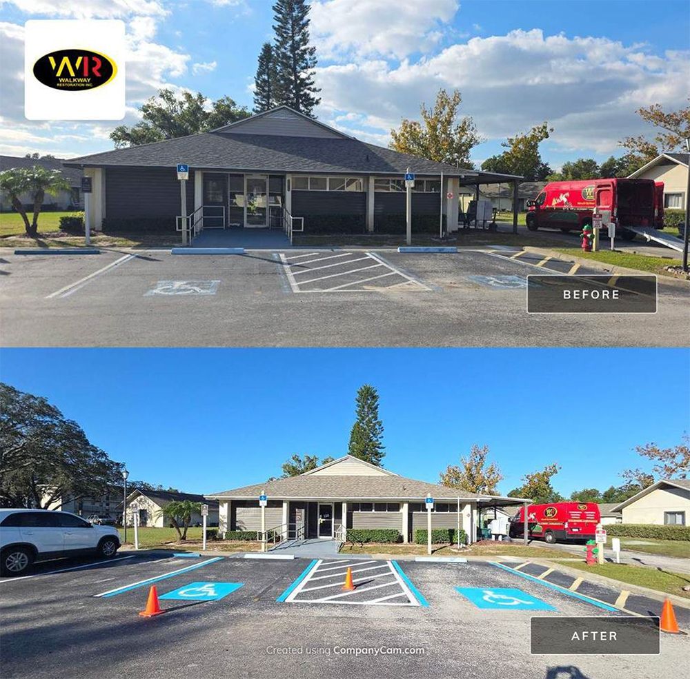 Comparison of a parking lot before and after repainting, showing refreshed accessible parking spaces with blue paint.