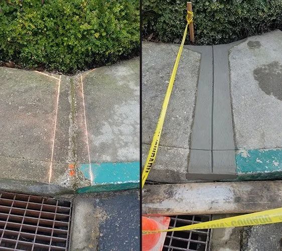 Concrete gutter repair: Before (left) shows cracks; after (right) with fresh cement. Yellow caution tape.
