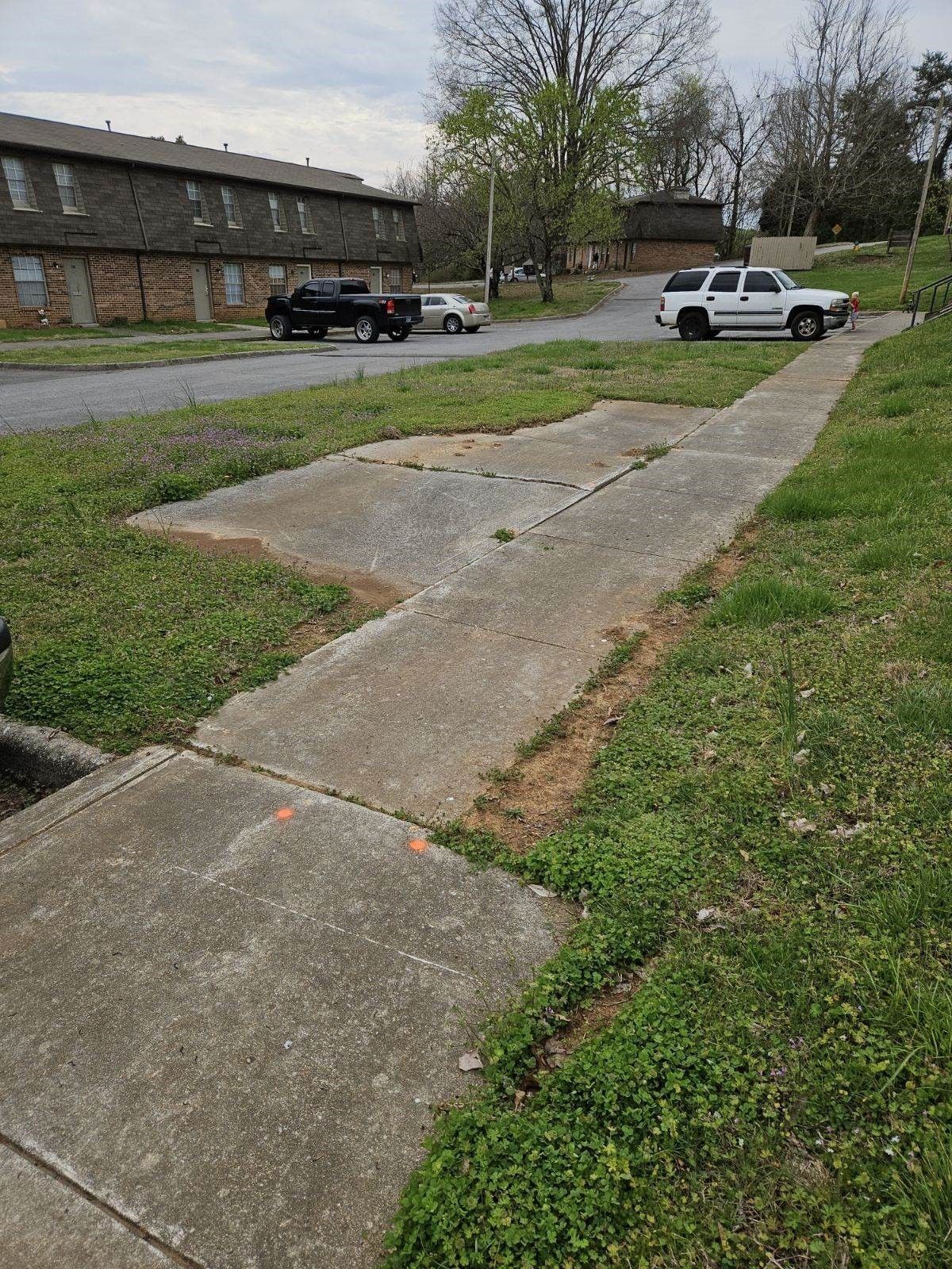 Concrete path overgrown with grass, leading to parked vehicles and apartment buildings.