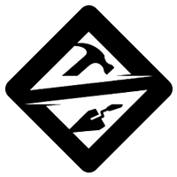 Black-and-white icon showing a hammer above a trowel, separated by a horizontal slash inside a diamond border.