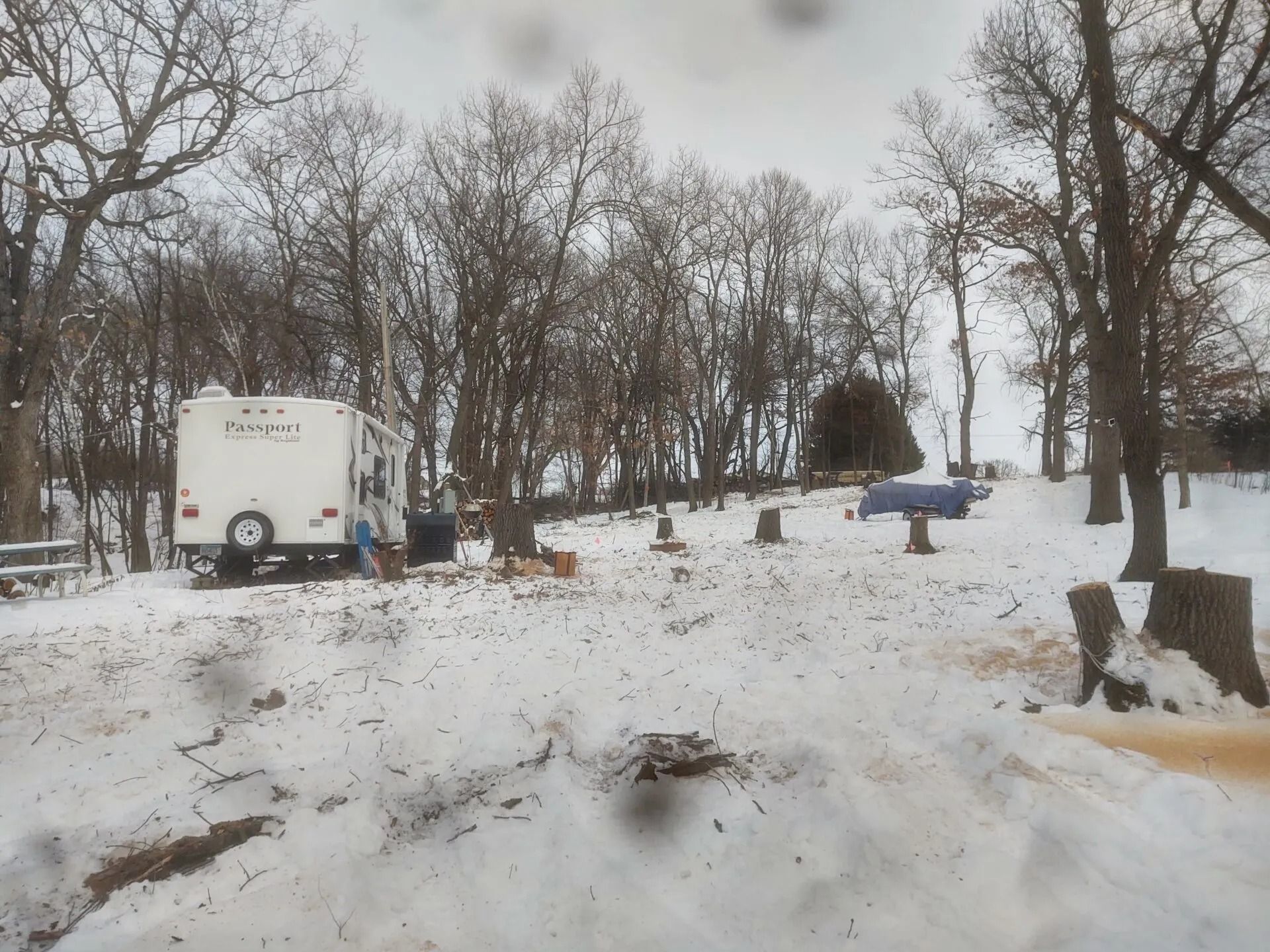 Snowy park with leafless trees, a white truck on the left, and benches along a winter path.