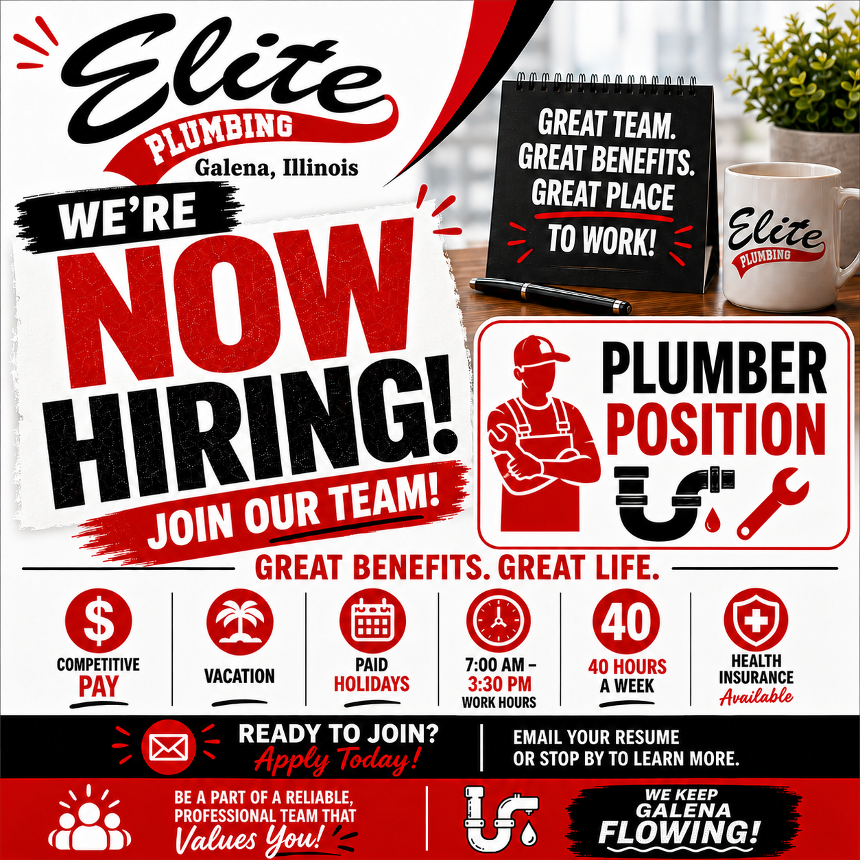 Elite Plumbing hiring ad: red-and-white poster with “We’re Now Hiring,” secretary position, benefits, and team slogans.